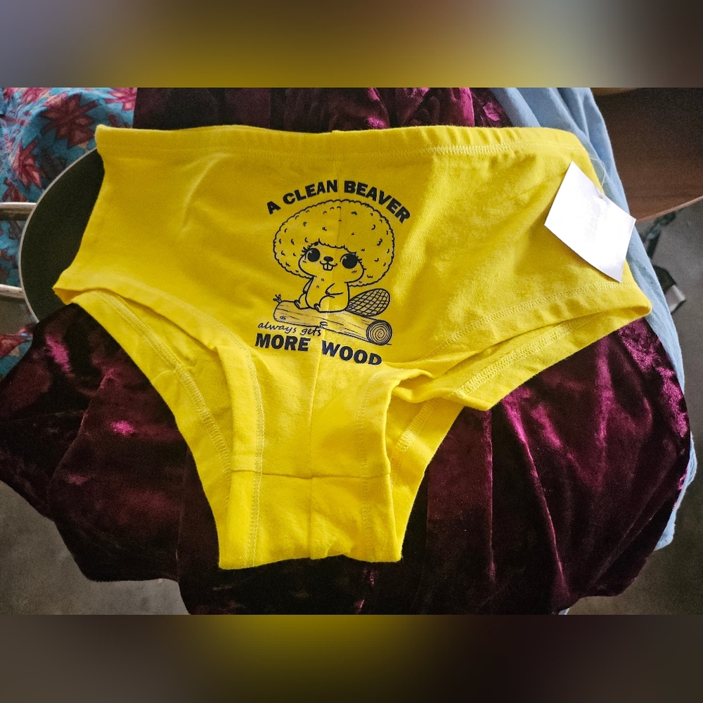 New W Tag Yellow Graphic Rude Panties " Clean Beaver More Wood" Sexy Basics M